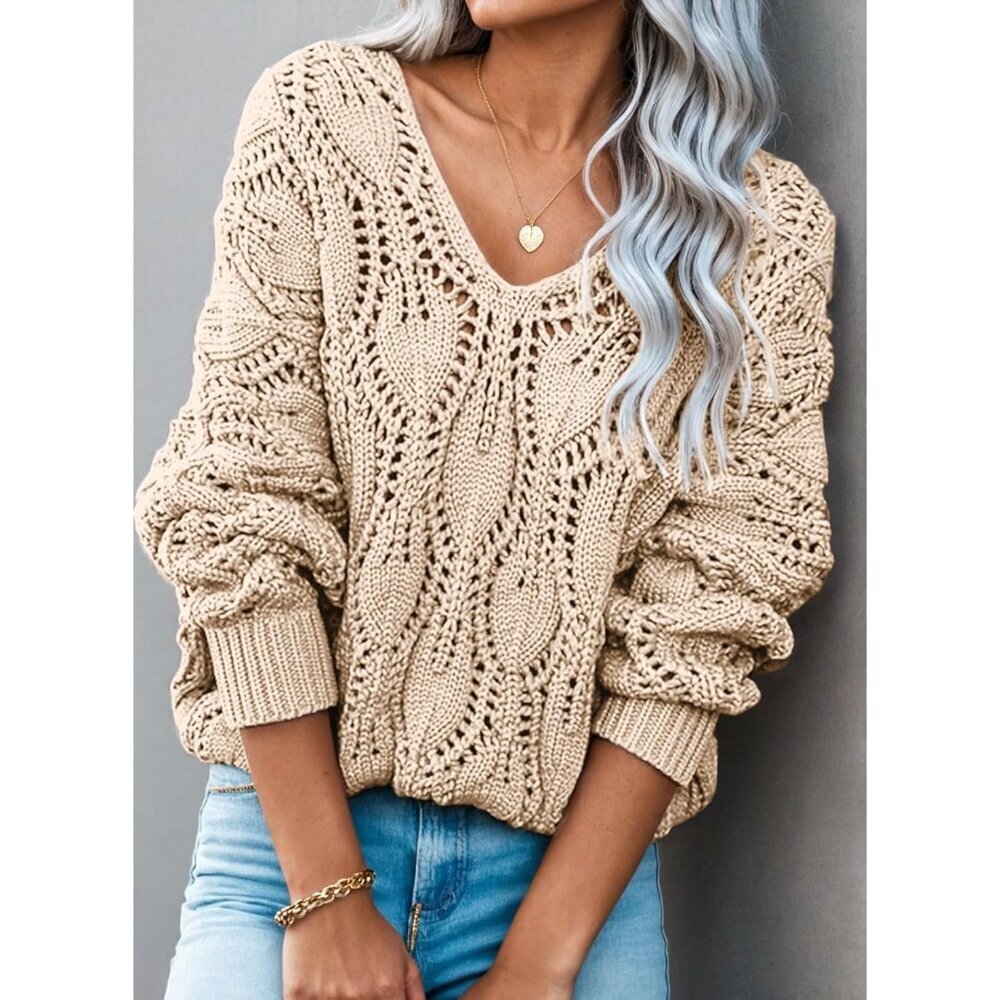 Women's Crochet V Neck Sweater Small Fall Winter Casual Pullover - Picture 2 of 5